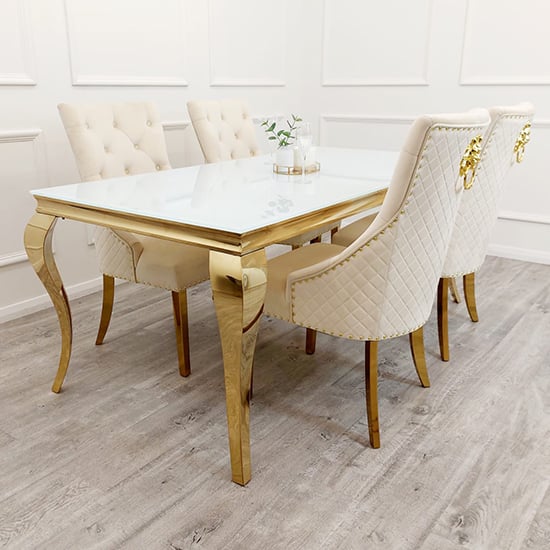 Product photograph of Laval White Glass Dining Table With 8 Benton Cream Chairs from Furniture in Fashion