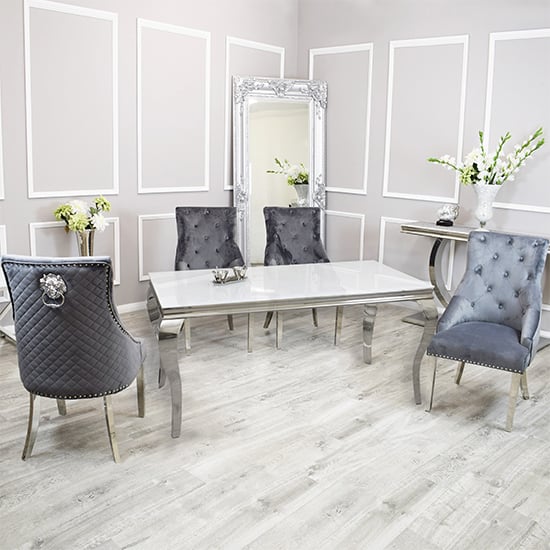 Product photograph of Laval White Glass Dining Table With 8 Benton Dark Grey Chairs from Furniture in Fashion