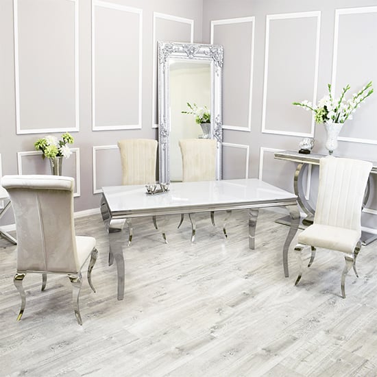 Product photograph of Laval White Glass Dining Table With 8 North Cream Chairs from Furniture in Fashion