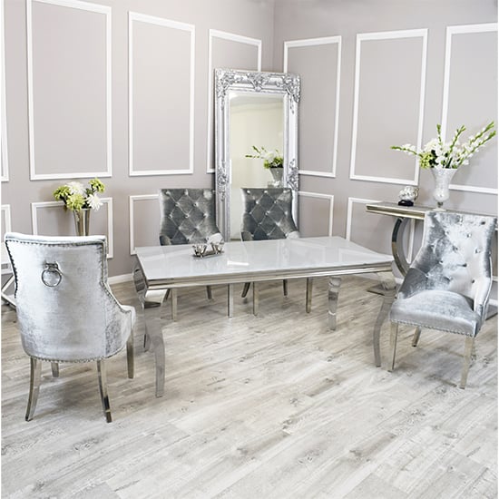 Product photograph of Laval White Glass Dining Table With 8 Dessel Pewter Chairs from Furniture in Fashion