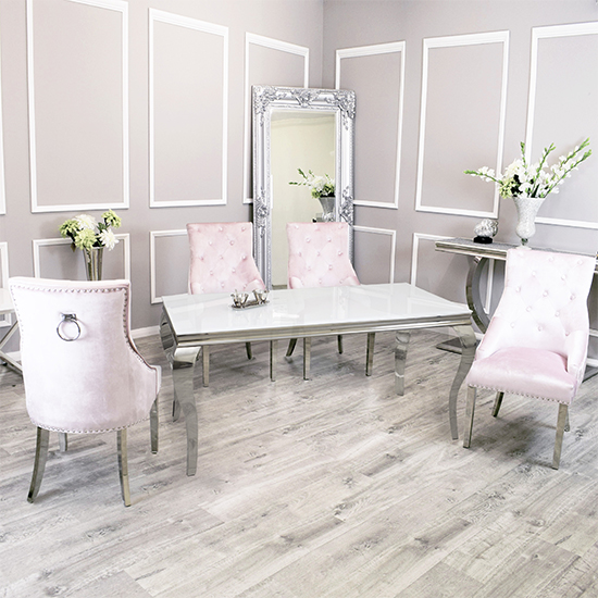 Product photograph of Laval White Glass Dining Table With 8 Dessel Pink Chairs from Furniture in Fashion