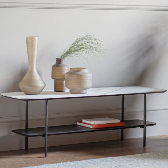 Product photograph of Leadwort Large Wooden Coffee Table In White Marble Effect from Furniture in Fashion