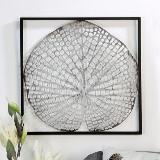 Read more about Leaf metal wall art in silver with antique dark brown frame