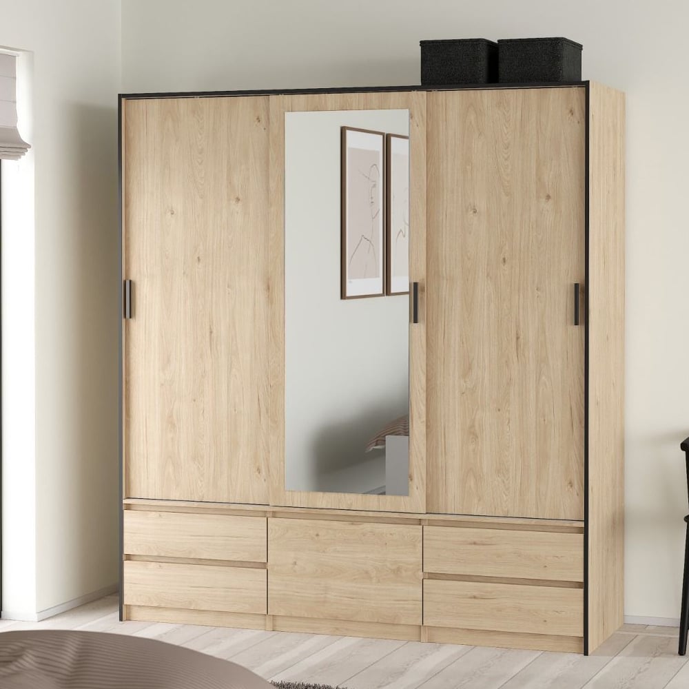 Product photograph of Lebanon Wooden Wardrobe With 2 Sliding Doors 4 Drawers In Oak from Furniture in Fashion