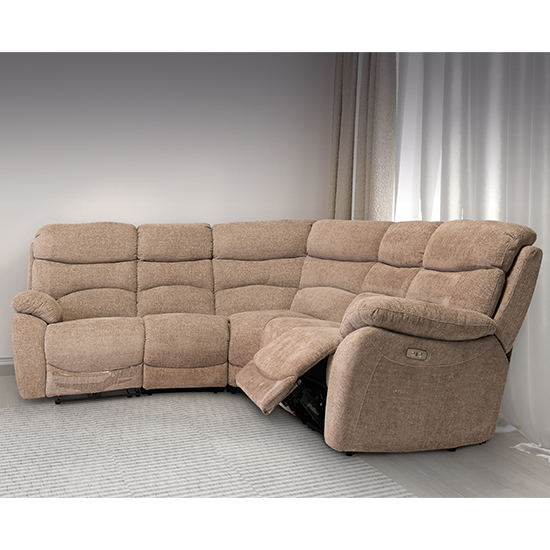 Product photograph of Leda Fabric Electric Recliner Left Hand Corner Sofa In Sand from Furniture in Fashion