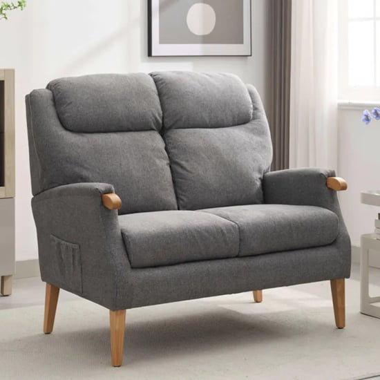 ledyard fabric 2 seater sofa in grey with wooden legs