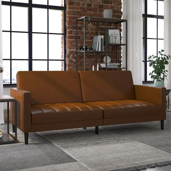 Product photograph of Leeds Faux Leather Futon Sofa Bed In Camel With Solid Wood Legs from Furniture in Fashion