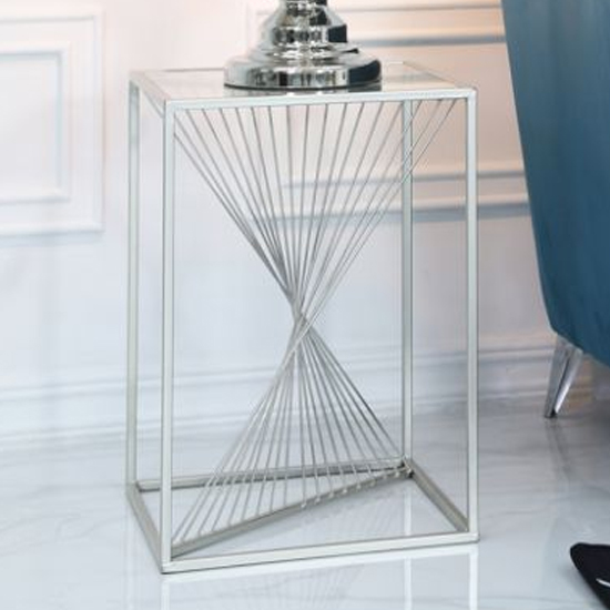 Photo of Lehi clear glass top end table with silver metal frame