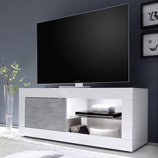Read more about Taylor 1 door tv stand in white high gloss and cement effect