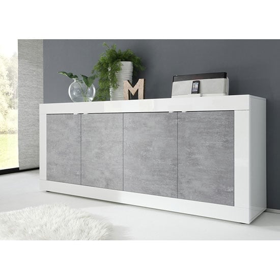 Product photograph of Taylor 4 Doors Sideboard In White High Gloss And Cement Effect from Furniture in Fashion