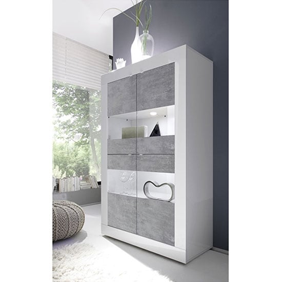 Photo of Taylor display cabinet in white high gloss and cement effect