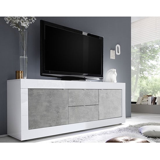 Read more about Taylor high gloss tv sideboard in white and cement effect