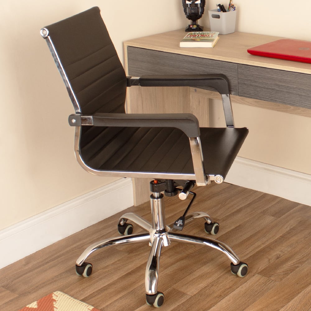 Product photograph of Leith Faux Leather Home And Office Chair In Black And Chrome from Furniture in Fashion