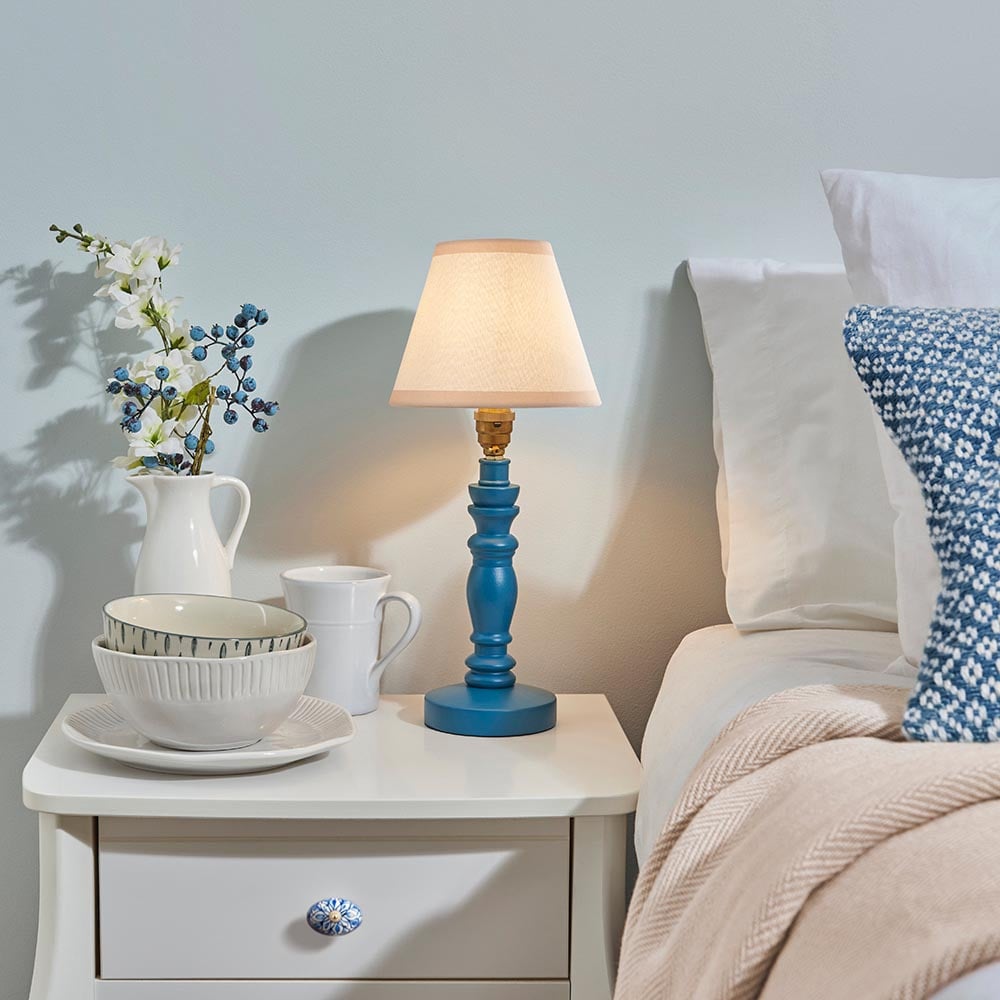 Product photograph of Lenoir Vintage White 16cm Shade Wood Table Lamp In Marlin Blue from Furniture in Fashion