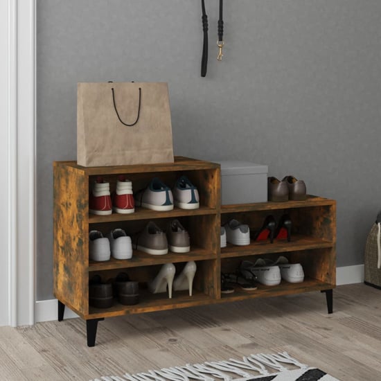 Photo of Lenoir wooden shoe storage rack with 5 shelves in smoked oak