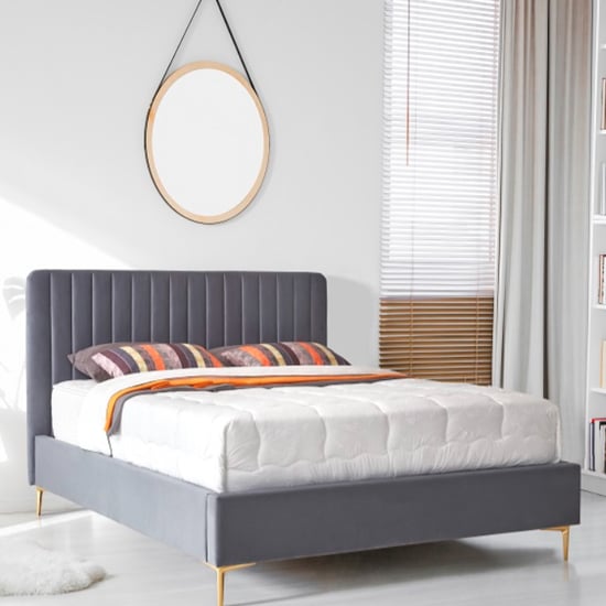 Read more about Lenox velvet fabric king size bed in grey with gold metal legs