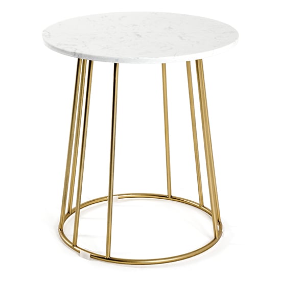 Product photograph of Lewiston Round White Marble Side Table With Gold Metal Frame from Furniture in Fashion