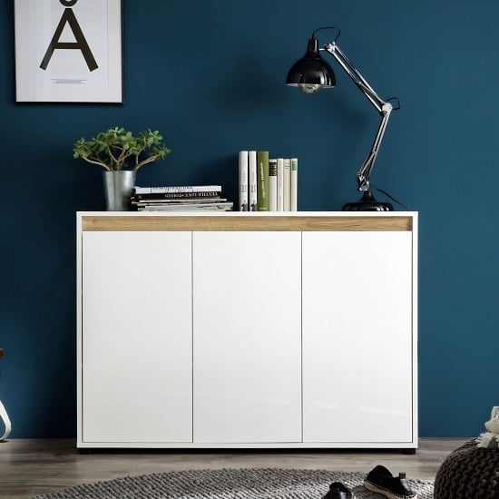 Photo of Leyton modern sideboard in white with high gloss fronts and oak