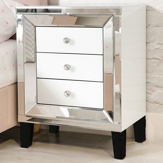 Photo of Liberty mirrored bedside cabinet in silver and white gloss