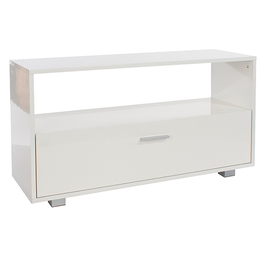 Product photograph of Louth High Gloss 1 Shelf And 1 Drawer Tv Stand In White from Furniture in Fashion