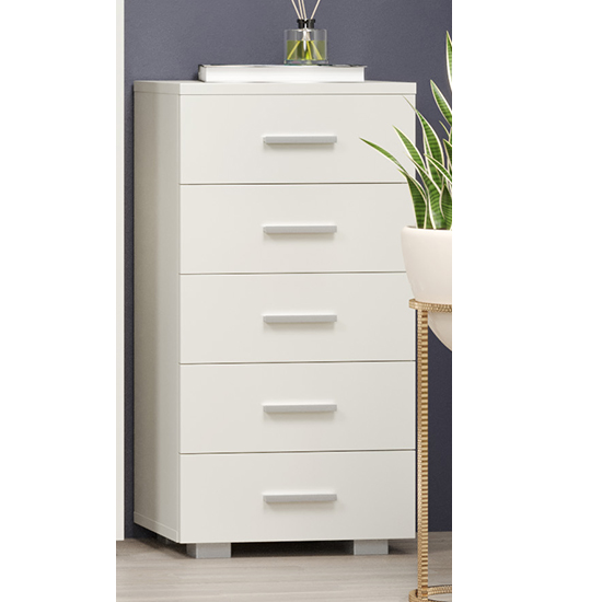 Product photograph of Louth Narrow High Gloss Chest Of 5 Drawers In White from Furniture in Fashion
