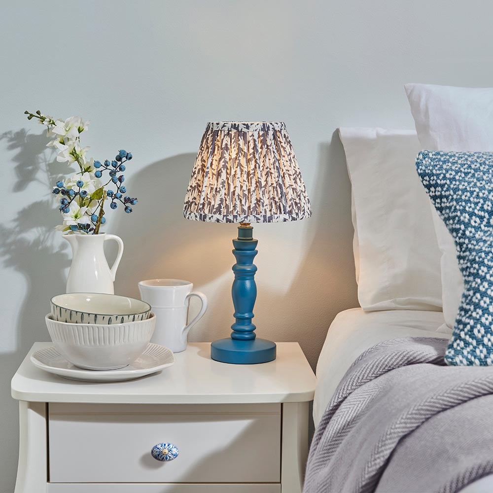 Product photograph of Lincoln Pearl Grey 20cm Shade Wood Table Lamp In Marlin Blue from Furniture in Fashion