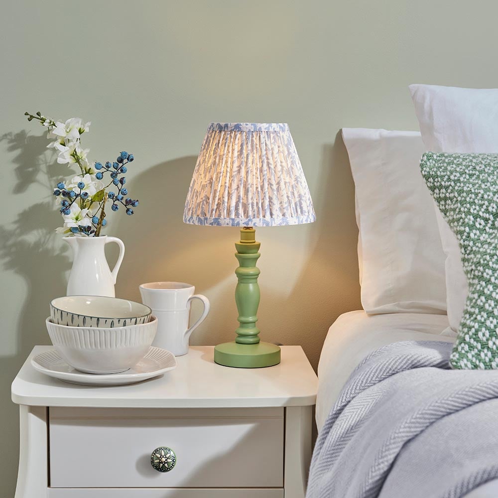 Product photograph of Lincoln Shell Bay Blue 20cm Shade Wood Table Lamp Cotswold Green from Furniture in Fashion