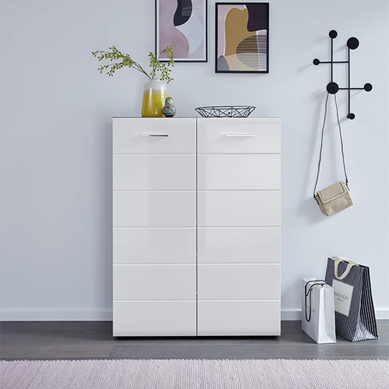 Photo of Aquila shoe cabinet in white high gloss and smoky silver