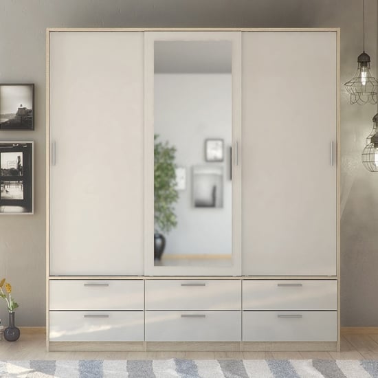 Read more about Liston mirrored sliding doors wardrobe in oak and white gloss