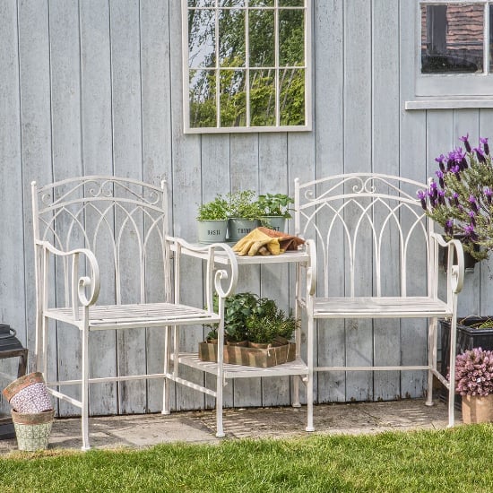 Read more about Livorno outdoor metal companion seats in distressed white