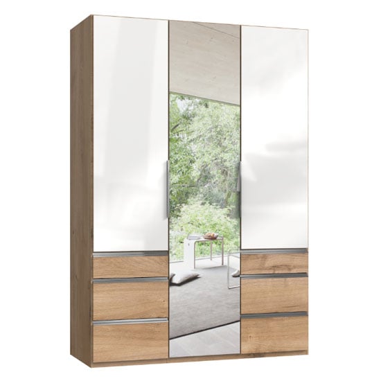 Product photograph of Lloyd Mirrored 3 Doors Wardrobe In Gloss White And Planked Oak from Furniture in Fashion