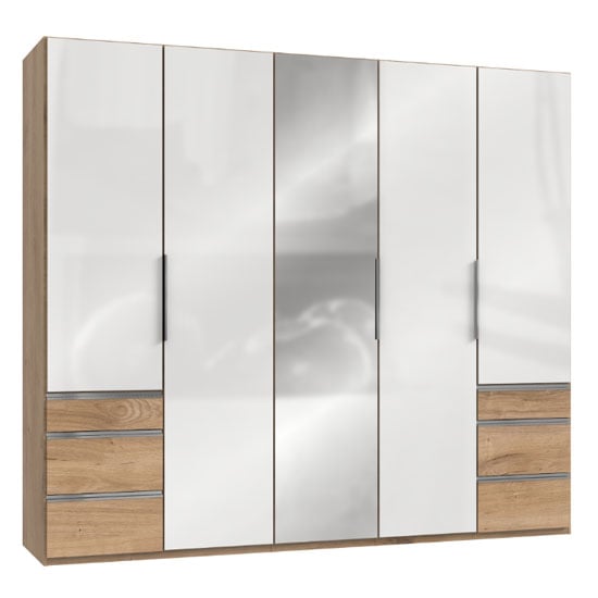 Product photograph of Lloyd Mirrored 5 Doors Wardrobe In Gloss White And Planked Oak from Furniture in Fashion