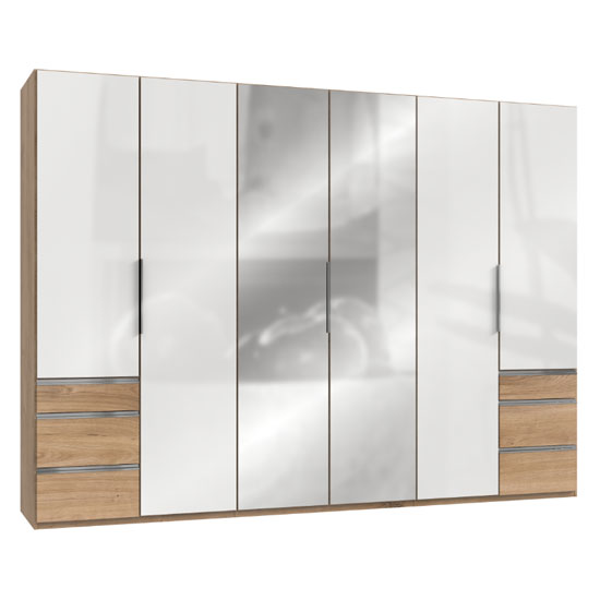 Product photograph of Lloyd Mirrored 6 Doors Wardrobe In Gloss White And Planked Oak from Furniture in Fashion