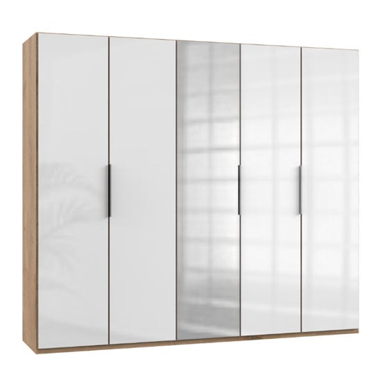 Read more about Lloyd mirrored wardrobe in gloss white and planked oak 5 doors