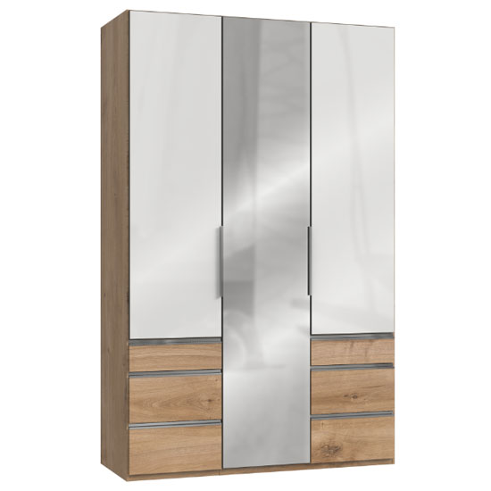 Product photograph of Lloyd Tall 3 Door Mirror Wardrobe In Gloss White And Planked Oak from Furniture in Fashion