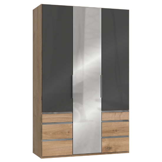 Read more about Lloyd tall 3 doors mirror wardrobe in gloss grey and planked oak
