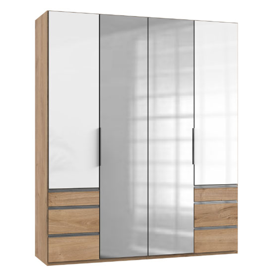 Read more about Lloyd tall 4 door mirror wardrobe in gloss white and planked oak