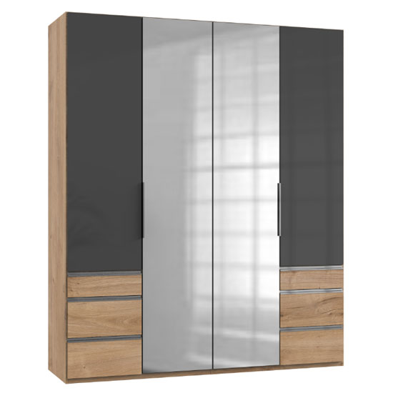 Read more about Lloyd tall 4 doors mirror wardrobe in gloss grey and planked oak