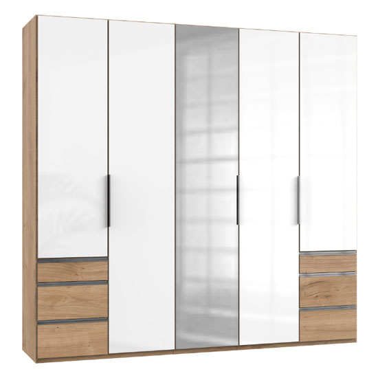 Product photograph of Lloyd Tall 5 Door Mirror Wardrobe In Gloss White And Planked Oak from Furniture in Fashion