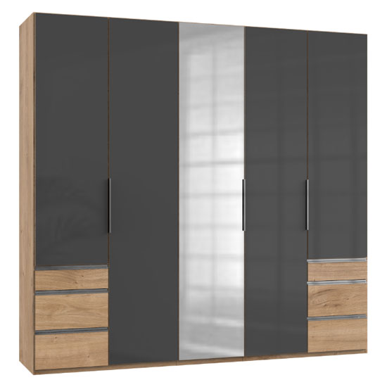 Read more about Lloyd tall 5 doors mirror wardrobe in gloss grey and planked oak