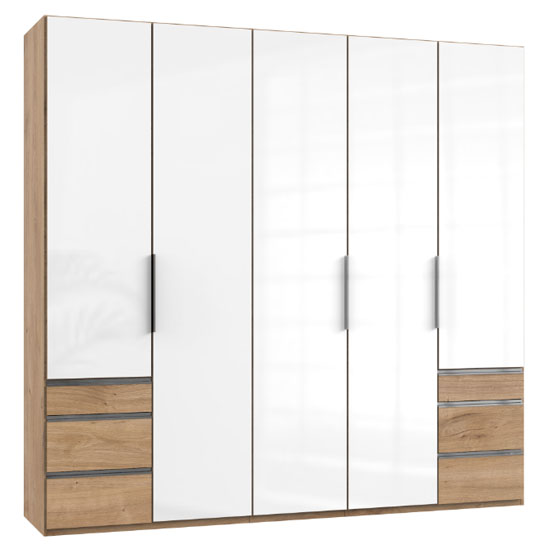 Lloyd Tall 5 Doors Wardrobe In Gloss White And Planked Oak | Furniture ...