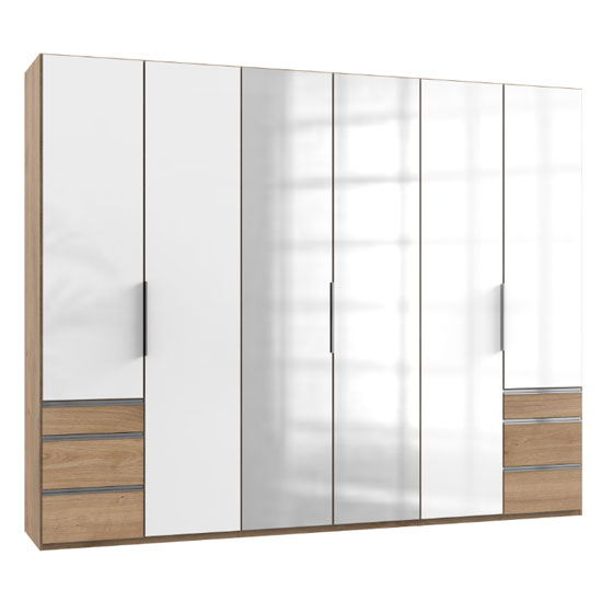 Read more about Lloyd tall 6 door mirror wardrobe in gloss white and planked oak