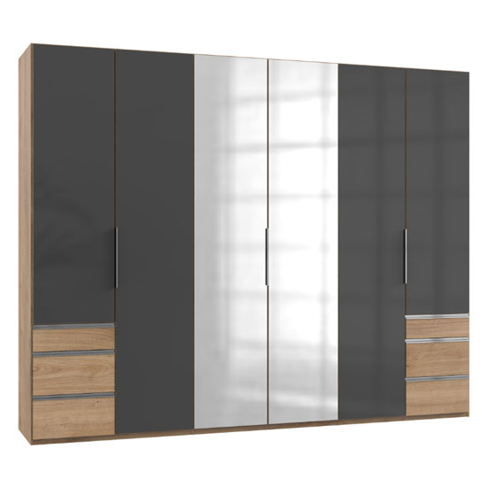 Read more about Lloyd tall 6 doors mirror wardrobe in gloss grey and planked oak