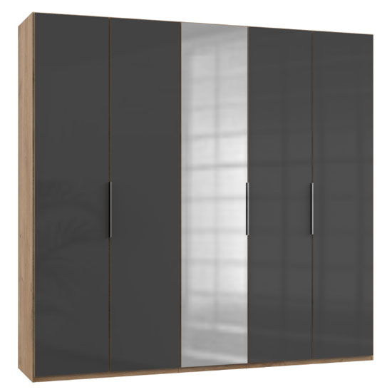 Product photograph of Lloyd Tall Mirror Wardrobe In Gloss Grey And Planked Oak 5 Doors from Furniture in Fashion