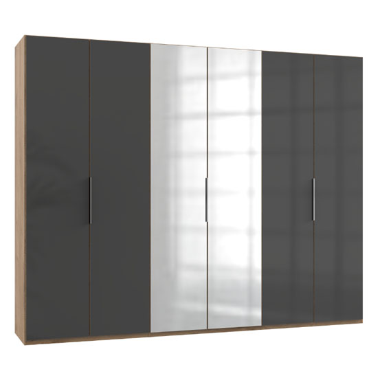 Product photograph of Lloyd Tall Mirror Wardrobe In Gloss Grey And Planked Oak 6 Doors from Furniture in Fashion