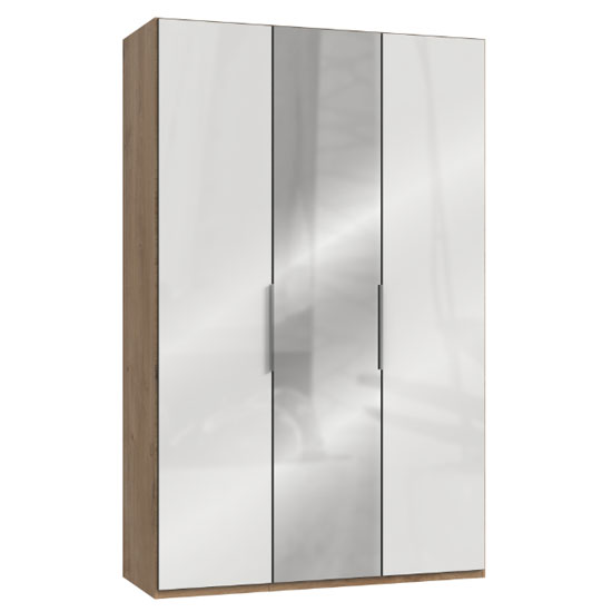 Read more about Lloyd tall mirror wardrobe in gloss white and planked oak 3 door