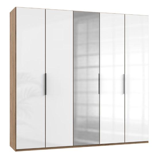 Read more about Lloyd tall mirror wardrobe in gloss white and planked oak 5 door