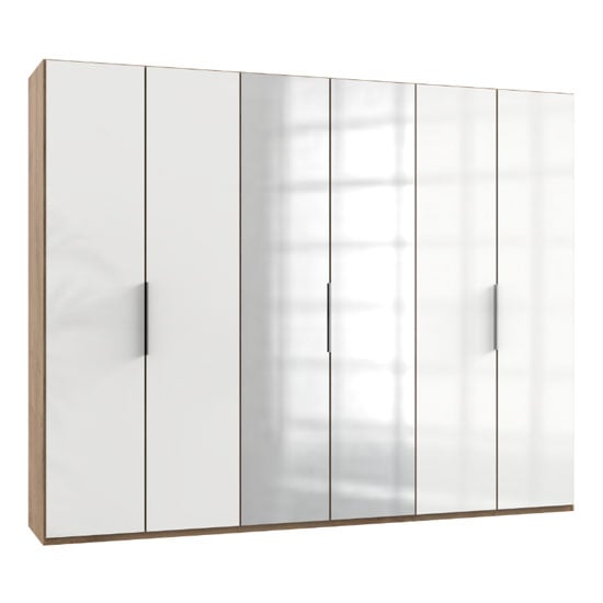 Read more about Lloyd tall mirror wardrobe in gloss white and planked oak 6 door