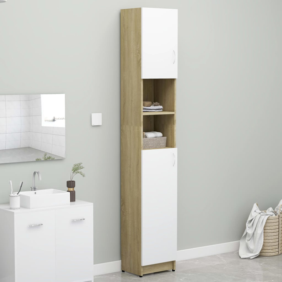 Product photograph of Logan Wooden Bathroom Storage Cabinet In White And Sonoma Oak from Furniture in Fashion