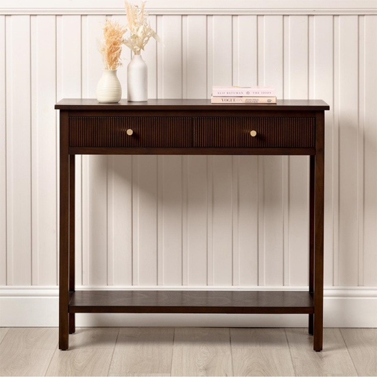 Product photograph of Lorain Wooden Console Table With 2 Drawers In Walnut Brown from Furniture in Fashion